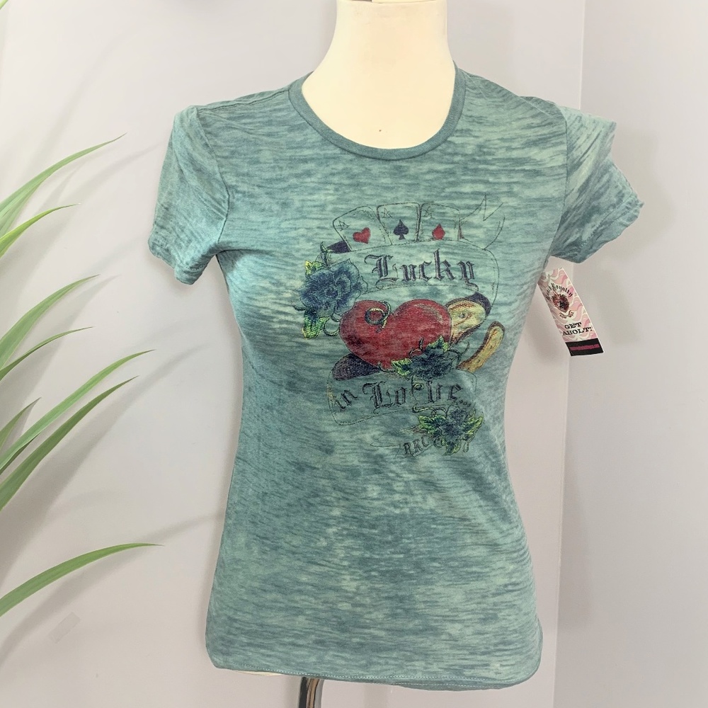 Ladies NWT Green TShirt w playing cards graphic